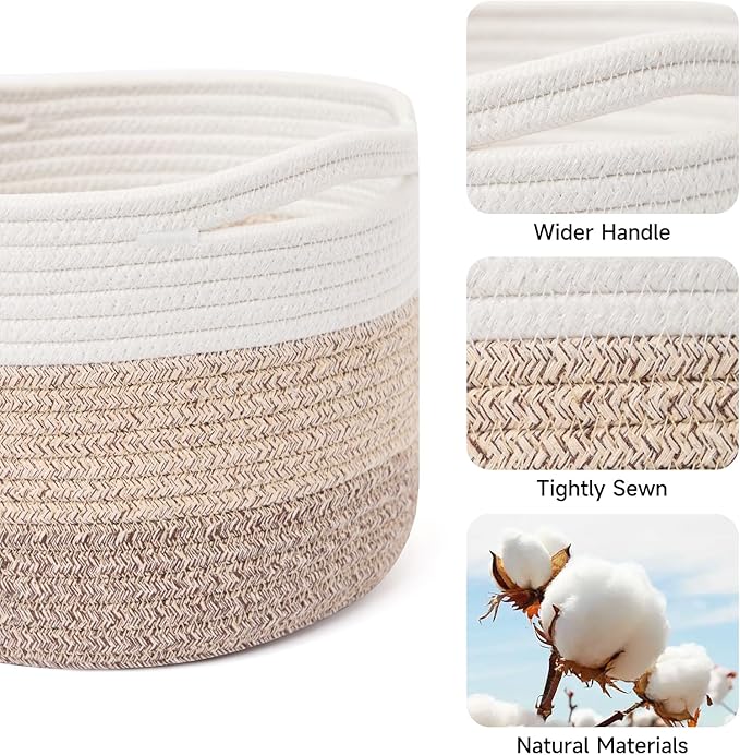 Small Basket for Organizing | Cube Shelf Closet Storage Baskets | 9.7×9.7×7.1” | Woven Rope Gift Basket | Nursery | Round 3 Packs Gradient Brown