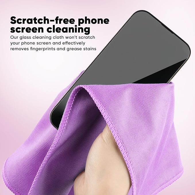 HOMEXCEL Microfiber Glass Cleaning Cloth 12 PK, Lint Free Streak Free, Reusable Cleaning Cloth for Cleaning Windows, Glasses, Mirrors, Screens, Stainless Steel, and More Purple-12”×12”