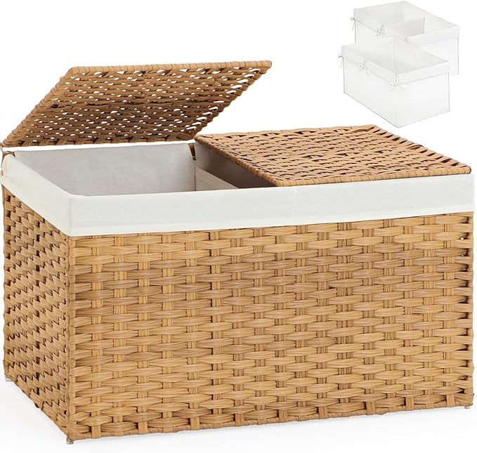 Storage Basket with Lid Rattan Storage Basket with 2 Separate Lid, 27.8 Gallon (105 L) 25.2 * 15.4 * 16.1 Inches Woven Wicker Baskets with 2 Liners and Handles for Bedroom Laundry-Natural