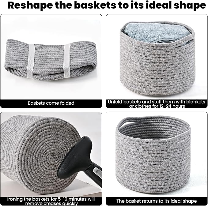 Small Storage Baskets for Organizing, Organizer Baskets for Shelves, Small Woven Basket for Storage, Cute Basket for Gifts Empty, Soft Cotton Rope Baskets, 9.7"×9.7"×7" (3 Packs) Grey