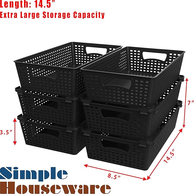 Simple Houseware Stackable Plastic Woven Basket Organizer, 6 Pack, 14.5" x 8.5" x 3.5", Black