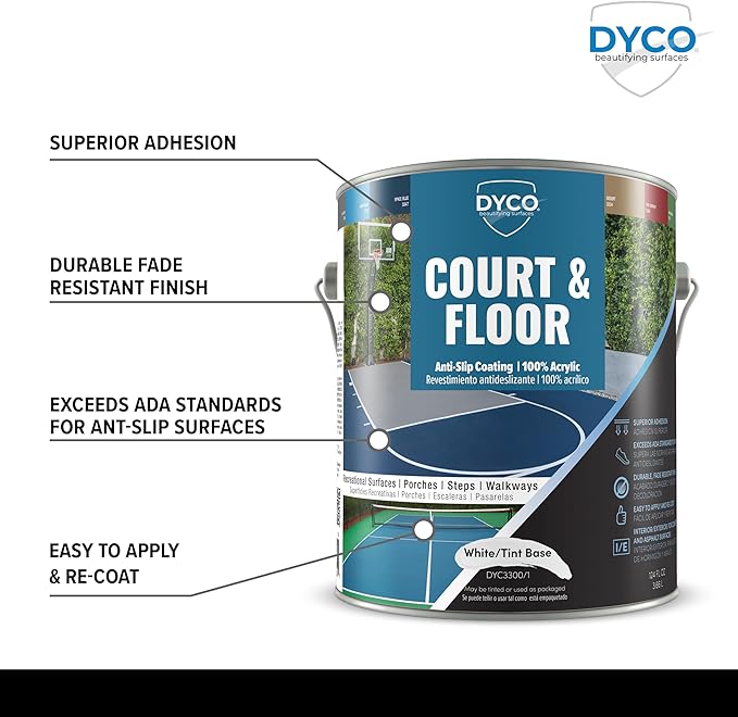 DYCO Court & Floor Anti-Slip Coating - Slip-Resistant Pavement, Cement & Concrete Paint for Pickleball, Tennis & Basketball Courts, Exceeds ADA Standards for Safety Areas (White, 1 Gallon)