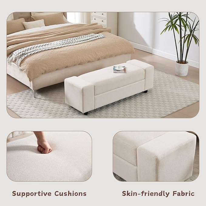 Storage Ottoman Bench,55 Inch End of Bed Linen Bench with Large Storage for Bedroom/Living Room/Entryway/Closet(Beige)