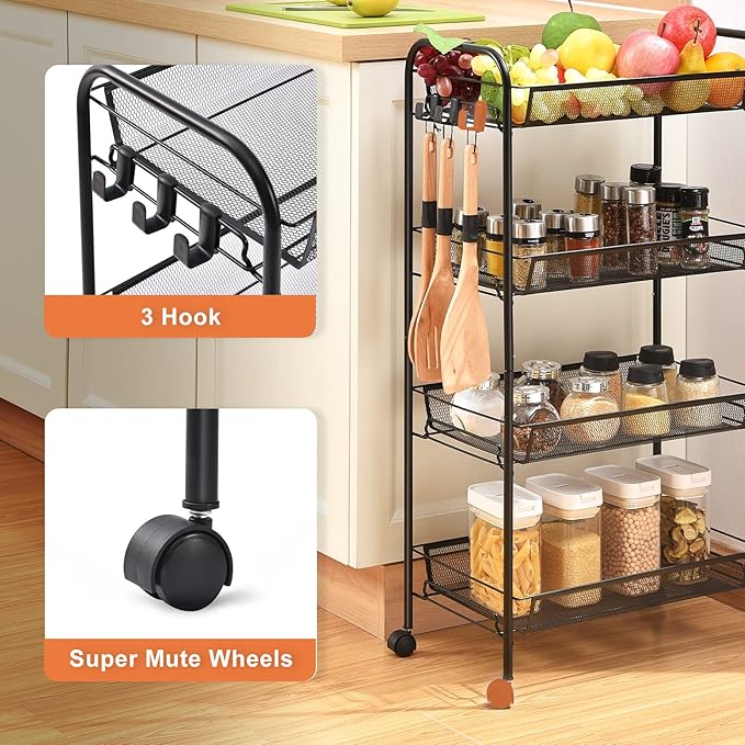 TOOLF 4-Tier Rolling Cart, Metal Utility Cart with 3 Hooks, Easy Assemble Mobile Storage Trolley On Wheels, Metal Shelving Units Kitchen Bathroom Laundry Room