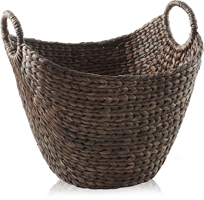 Casafield Large Laundry Boat Basket with Handles - Espresso, Woven Water Hyacinth Multipurpose Storage Organizer for Throw Blankets, Bathroom, Bedroom, Living Room