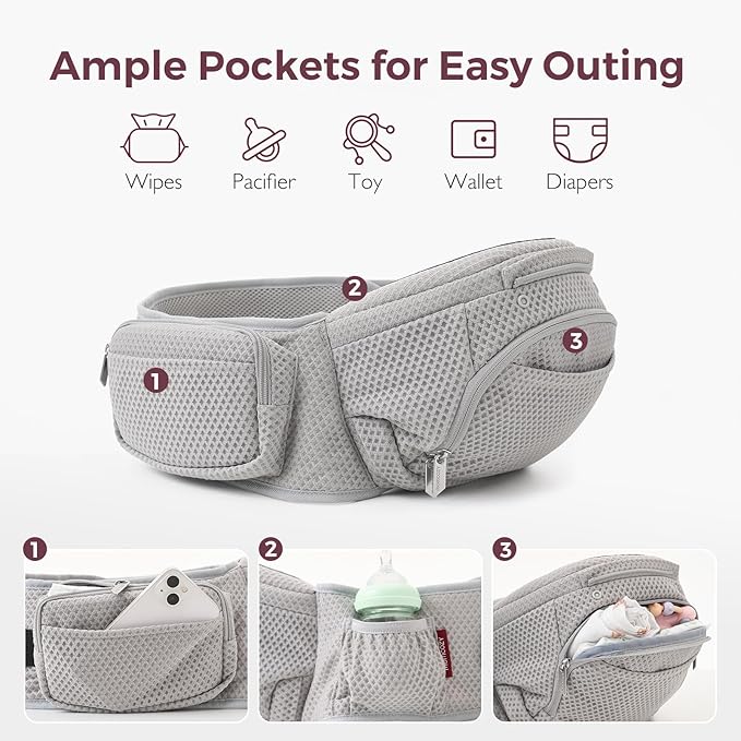 Momcozy Baby Carrier with Hip Seat, 2-in-1 Forward-Facing Carry for Active Babies, Detachable Hands-Free Carrier up to 44lbs, Breathable Infant Carrier Fits Waist Sizes up to 45 Inches, AirMesh Grey