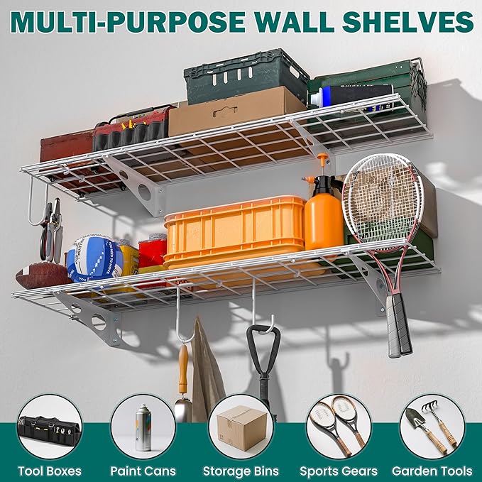 EVERHANGER Garage Wall Shelves, 12 X 48 Inch Wall Mounted Storage Shelves, Heavy Duty Metal Shelving with Hooks, 2 Pack, White