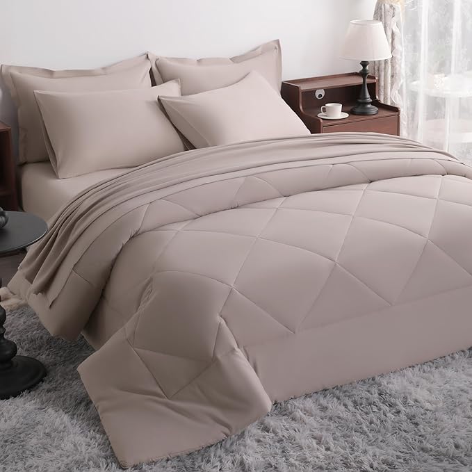 NTBAY Queen Comforter Set with Sheets, 7 Pieces Soft and Breathable Queen Bedding Set, Bed in a Bag, Down Alternative Comforter Set Solid Color All Season, Queen Bedding Set, Taupe
