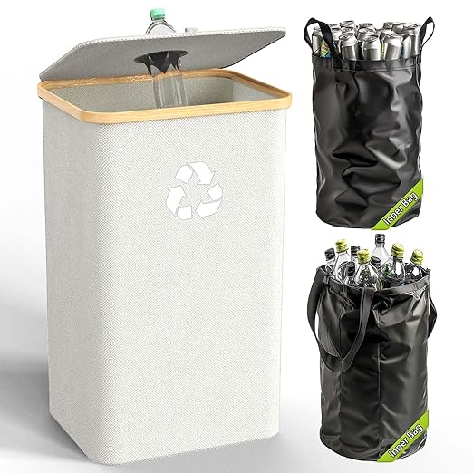Recycling Bin for Kitchen Indoor Home, Large 100L/ 27 Gallon Recycle Bin with Lid Removeable Reusable Inner Bag Bottle Can Glass Waste Plastice Stickers (White, 27 Gallon)