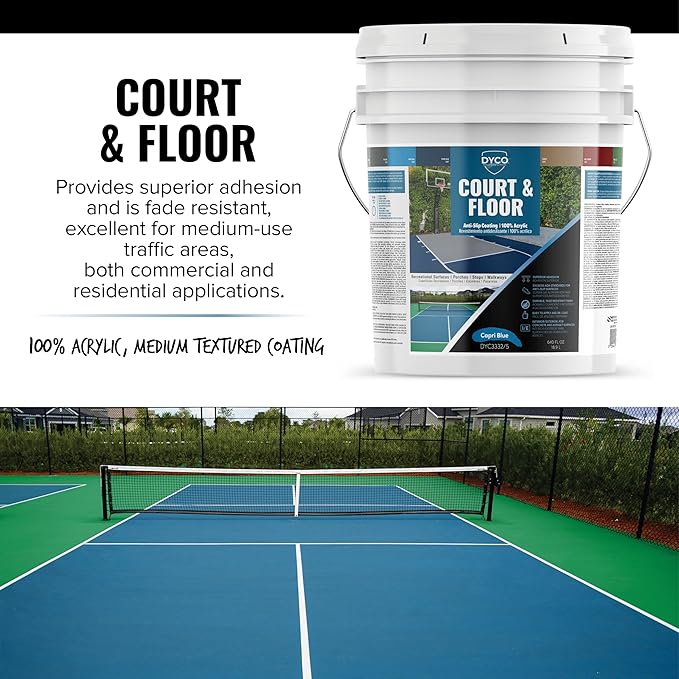 DYCO Court & Floor Anti-Slip Coating - Slip-Resistant Pavement, Cement & Concrete Paint for Pickleball, Tennis & Basketball Courts, Exceeds ADA Standards for Safety Areas (Capri Blue, 5 Gallons)