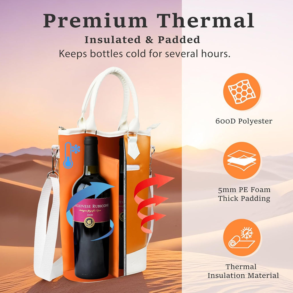 Tirrinia Insulated Wine Gift Carrier Tote - Travel Padded 2 Bottle Wine/Champagne Cooler Bag for Portable Wine Bottle Carrying Case, Women Men Wine Party Bag for Event, BYOB,B each, Gift for Wine