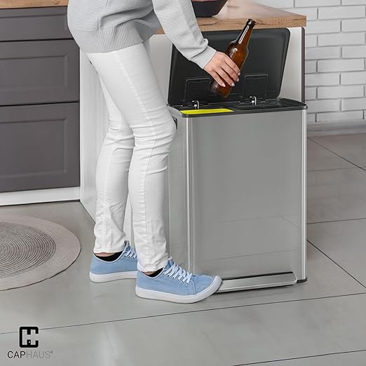 CAPHAUS Dual Trash Can with Lid, Trash and Recycling Bins Combo for Kitchen, Hands-Free Stainless-Steel Garbage Can with 2 Compartment, Hinged Lid, Odor Filter, Handles, 30L+30L, 2 x 8 Gallon