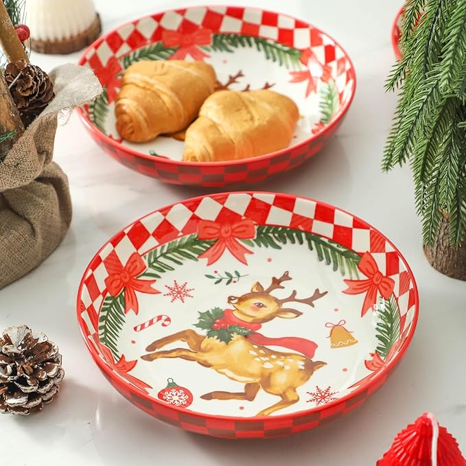 HASENSE Pasta Bowls Set of 4, 42 Ounce Ceramic Salad Serving Bowl for Kitchen,9.7 Inch Large Shallow Bowls for Pasta Soup Salad Dinners,Holiday Gatherings,Christmas, Dishwasher & Microwave Safe