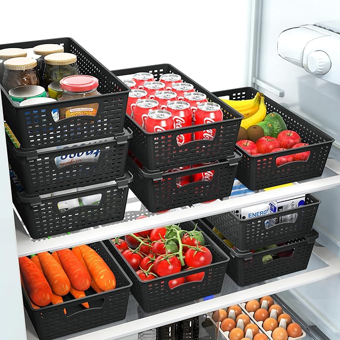 Simple Houseware Stackable Plastic Woven Basket Organizer, 6 Pack, 14.5" x 8.5" x 3.5", Black