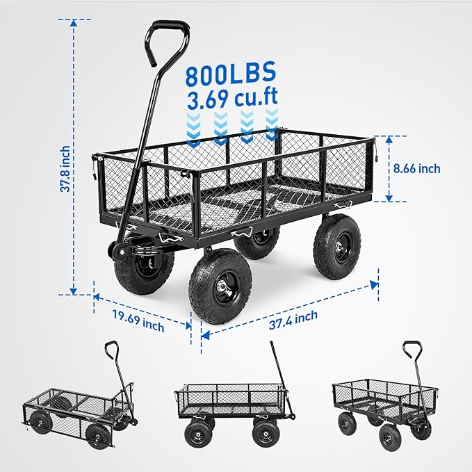 Yesker Steel Garden Carts - 800lbs Dump Wagon with All Terrain Inflatable Wheels for Yard Lawn Farms Gardening - Heavy Duty Utility Outdoor Hauling Wheelbarrow