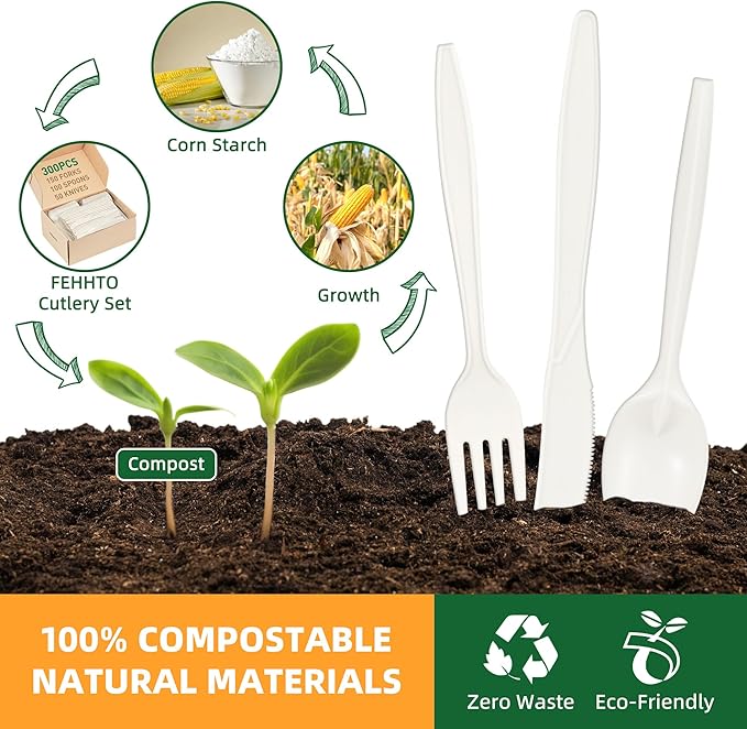 100% Compostable Cutlery Set, 300pcs (150 Forks,100 Spoons,50 Knives) Disposable Cornstarch Utensils Heavy Duty BPI Certified Eco-Friendly Party Supplies No Plastic, Ivory White