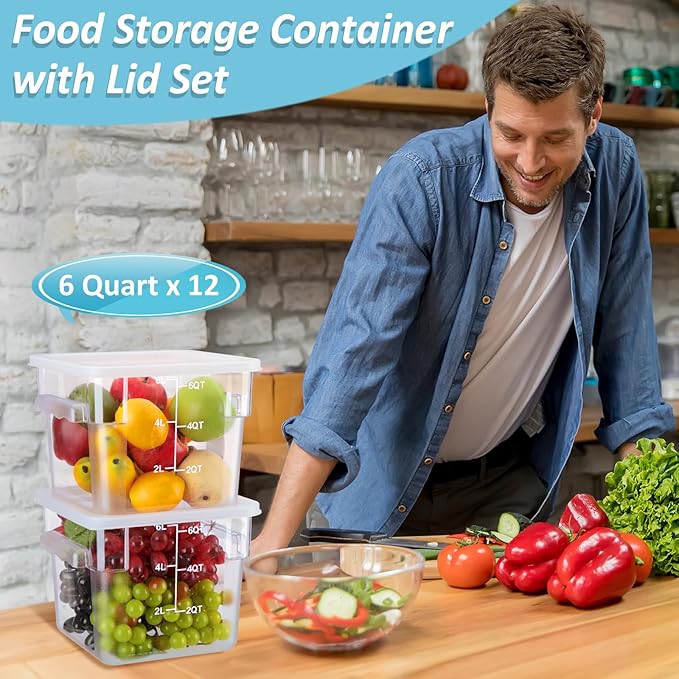 Yungyan 12 Pcs 6 Qt Commercial Food Storage Containers with white Lids Restaurant Square Airtight Food Storage Containers Clear Cereal Container for Kitchen Freezer Dishwasher Pantry