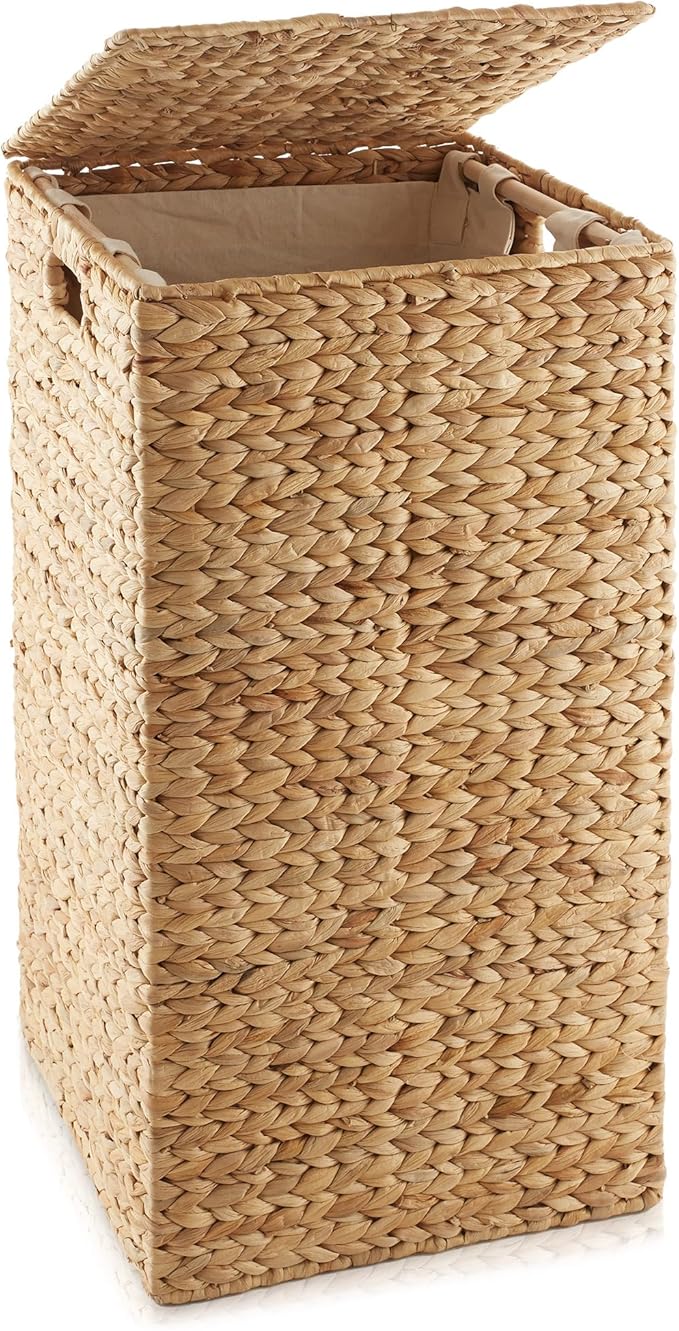 Casafield Laundry Hamper with Lid and Removable Liner Bag - Natural, Woven Water Hyacinth Square Laundry Basket Sorter for Clothes and Towels