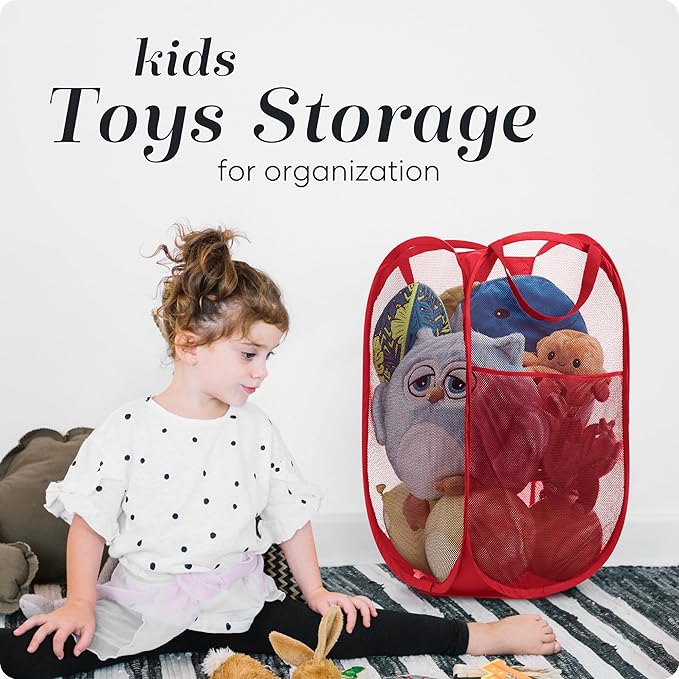 Handy Laundry Collapsible Mesh Pop Up Hamper with Wide Opening and Side Pocket - Breathable, Sturdy, Foldable, and Space-Saving Design for Clothes and Storage (Red | 2-Pack)