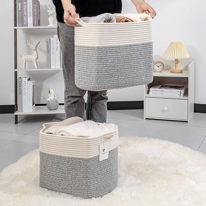 Medium and Large Woven Basket//With Handle, Used for Toys and Fabric Storage Basket used for Storing xl Storage Box, Decorative Storage Box Room 2pack (14L12H Silver Gray, 14L*10W*12H)