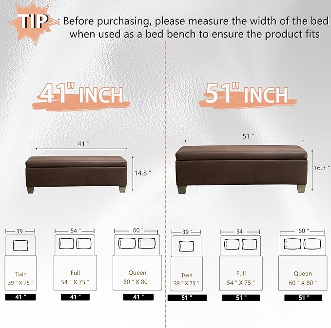 Brown Faux Leather Ottoman with Storage, Rectangular Extra Long Storage Bench for Bedroom and Living Room