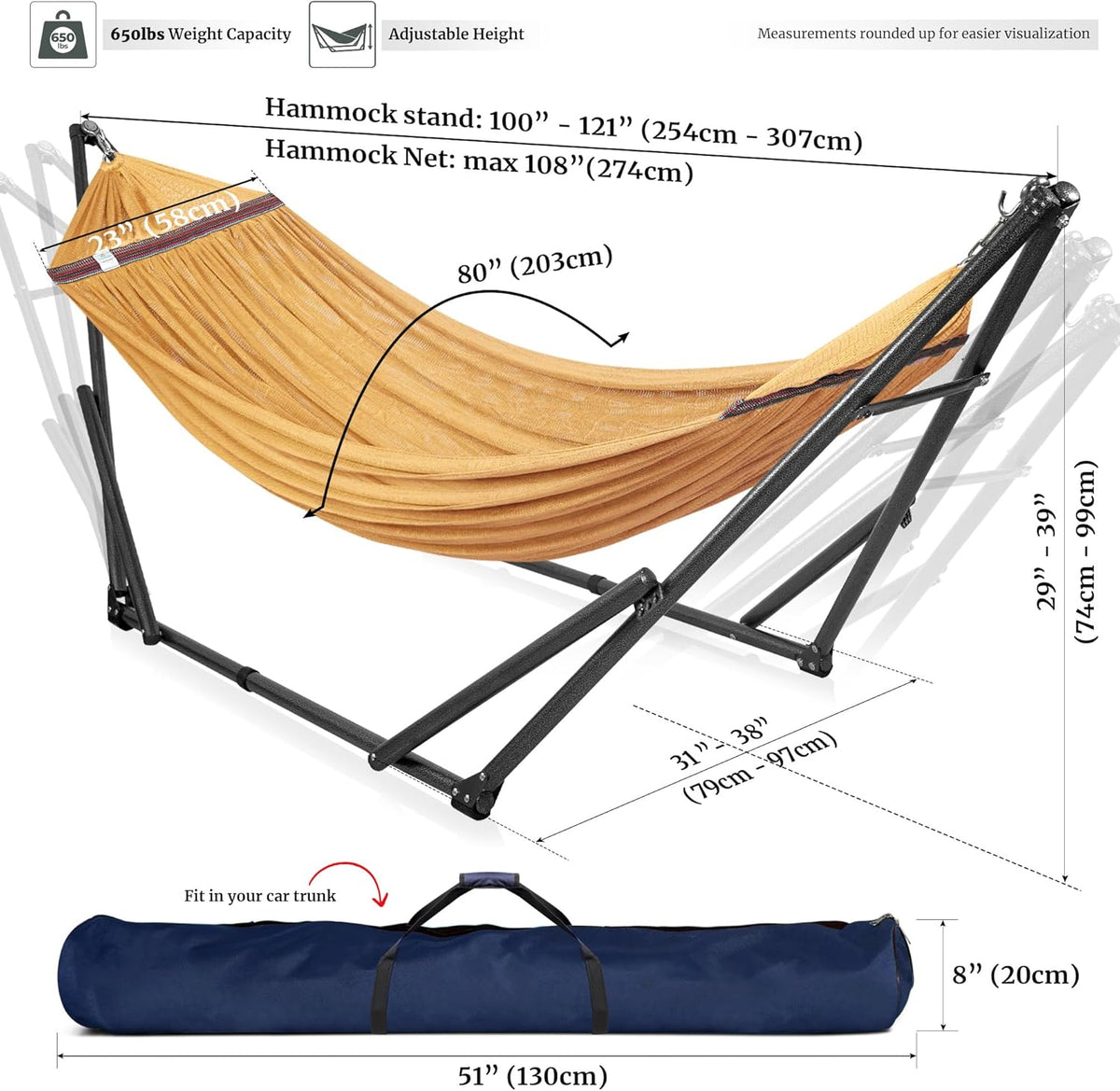 Tranquillo Universal Double Hammock with Stand Included for 2 Persons/Foldable Hammock Stand 600 lbs Capacity Portable Case - Inhouse, Outdoor, Camping, Yellow