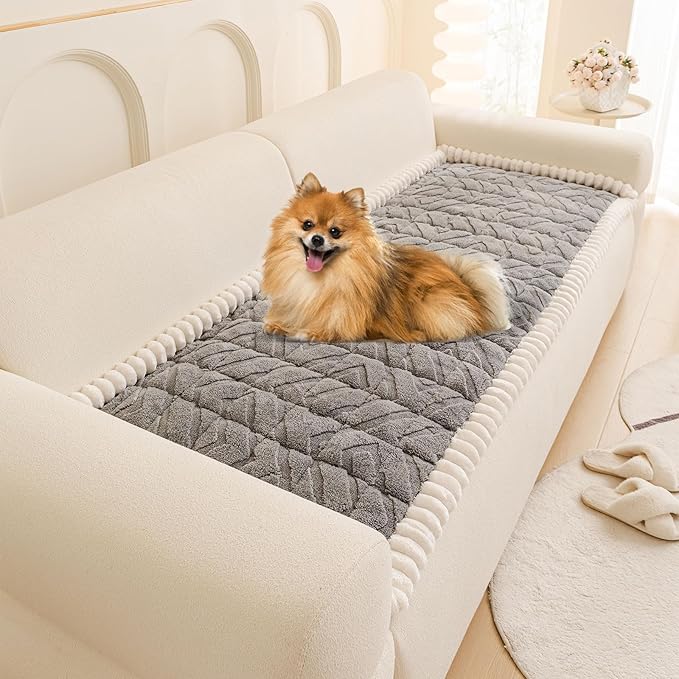 OTOB Pet Couch Covers for 3 Cushion Couch Sofa, Washable & Non Slip Fuzzy Plush Sofa Cushion Covers, All Seasons Geometric Jacquard Modern Soft Dog Bed Mat Slipcovers Protector (Gray, 27.6"x70.9")