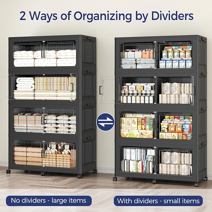 200GAL Extra Large Storage Bins with Lid, 800Qt Stackable Closet Organizers and Drawers, Collapsible Storage Bins with Wheels, Folding Storages Cabinet for Home Bedroom Office, 5Pack Black