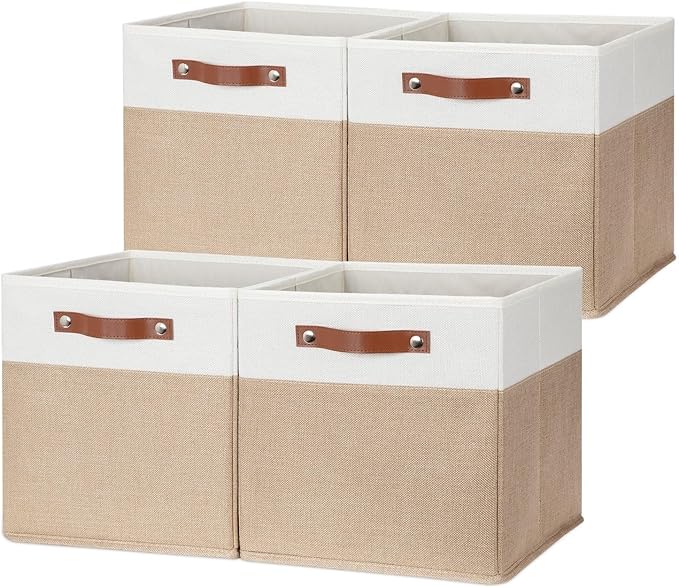 HNZIGE Fabric Storage Cubes, Cube Storage Bins 12 x 12, Set of 4, Decorative Storage Baskets for Shelves with Handles,Foldable Bins for Cube Shelf Organizer Home Toy Nursery Closet(Beige White)