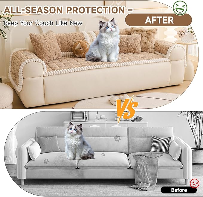 OTOB Pet Couch Covers for 3 Cushion Couch Sofa, Washable & Non Slip Fuzzy Plush Sofa Cushion Covers, All Seasons Geometric Jacquard Modern Soft Dog Bed Mat Slipcovers Protector (Coffee, 27.6"x70.9")