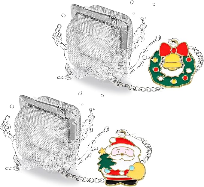 Christmas Tea Ball Set, Stainless Steel Mesh Tea Infuser, Reusable Strainers for Loose Leaf Tea, 2 PCS Tea Steeper with Xmas Wreath and Santa Claus Pendant