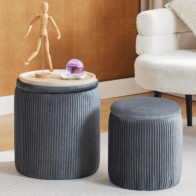 Round Ottoman with Storage Set of 2-Upholstered Velvet Vanity Stool for Makeup Multifunctional Ottomans Coffee Table Padded Seat Foot Rest for Living Room&Bedroom (Light Grey-Upgrade Tray Lid)