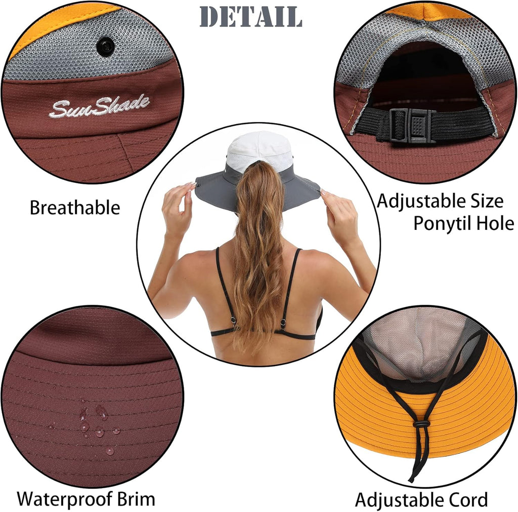 Womens Summer Sun Hat Beach Hat Wide Brim Outdoor UV Protection Hat Foldable Cool Mesh Ponytail Bucket Hat