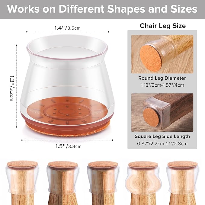 Upgraded Silicone Chair Leg Floor Protectors for Hardwood Floors, Furniture Sliders, Felt Bottom Furniture Pads, Round&Square Cap Covers to Scratch and Reduce Noise, Transparent, 24pcs