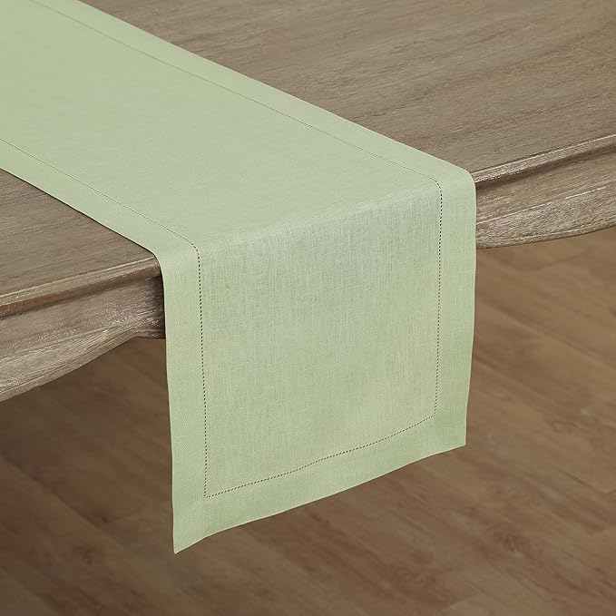 Solino Home Linen Sage Green Table Runner 144 Inches Long - 100% Pure Linen Extra Long Table Runner 14 x 144 Inch for Christmas, New Year - Classic Hemstitch