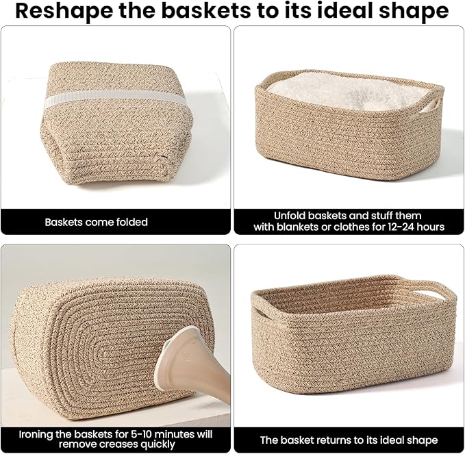 Small Baskets for Organizing, Woven Storage Baskets for Shelves, Small Rope Basket for Storage, Decorative Little Baskets for Gifts Empty, 13"×8.5"×5.1" (3 Packs) Brown