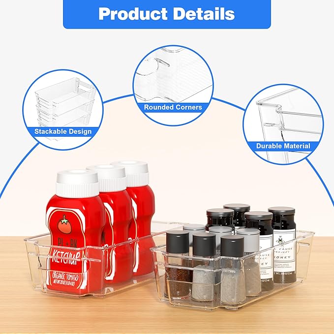 Clear Refrigerator Storage Bins, 8-Piece Set, Stackable Kitchen Organizer Containers for Fridge and Pantry (Clear 8 Pack-12.4"*6.1"*3.4")