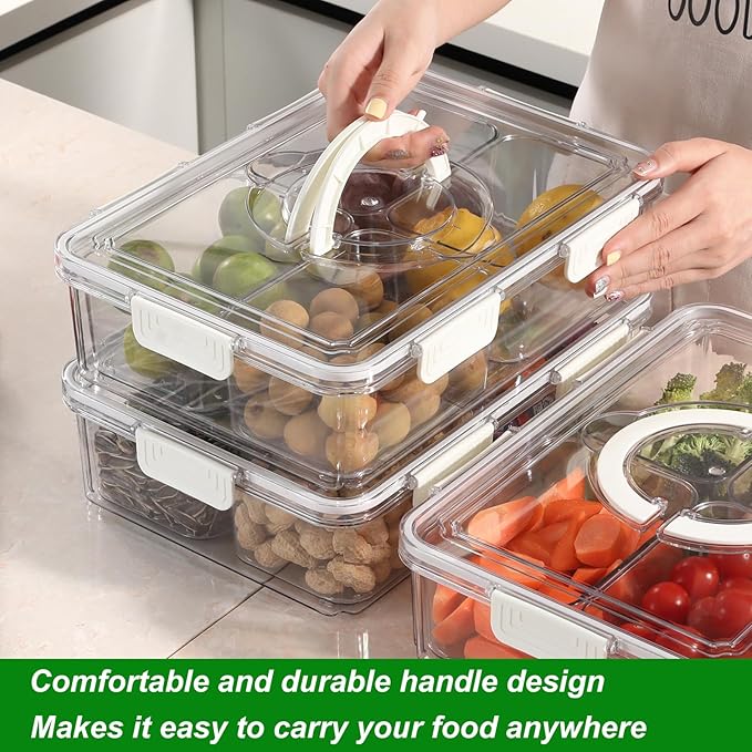 Taiuloo Divided Serving Tray with Lid & Handle, Airtight 4 Compartment Snackle Box Charcuterie Container, Fridge Organizer Bins, Food Storage Container Veggie Tray for Snack, Fruit, Candy, Nuts