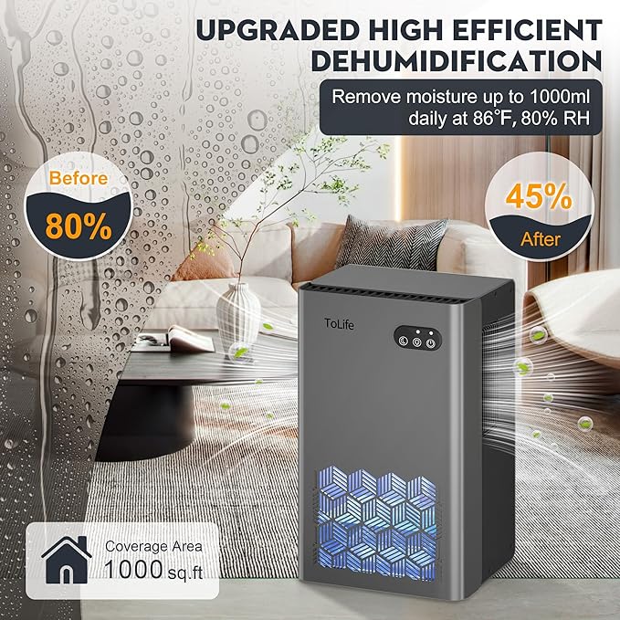 ToLife Dehumidifier for Home, 1000 sq.ft Dehumidifiers for Basement Bedroom Bathroom with 95 OZ Water Tank, Auto Shut Off 7 Colors LED Light, Grey