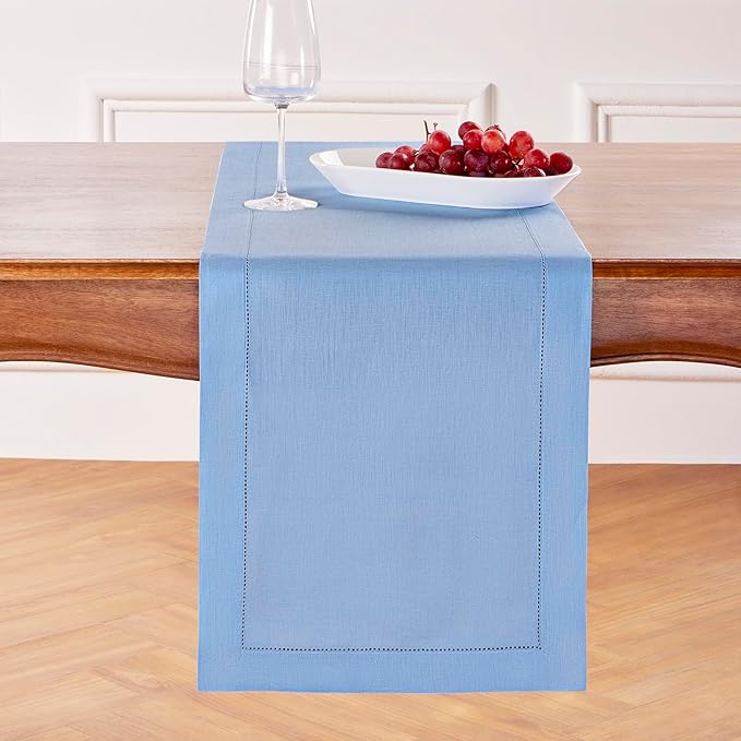 Solino Home Linen Cornflower Blue Hemstitch Table Runner 60 Inches - 100% Pure Linen Table Runner 14 x 60 Inch Ideal for Dresser and Coffee Tables - Classic Hemstitch - Christmas, Holiday, New Year