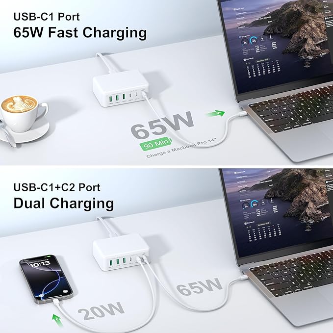 USB C Fast Charger Block, 150W 6 Port Desktop PD GaN Fast Charger Charging Station Block 65W USB C Laptop Power Adapter for MacBook Pro/Air iPad iPhone 16 15 14 13 12 Pro Max Galaxy S23 Note 20 Pixel