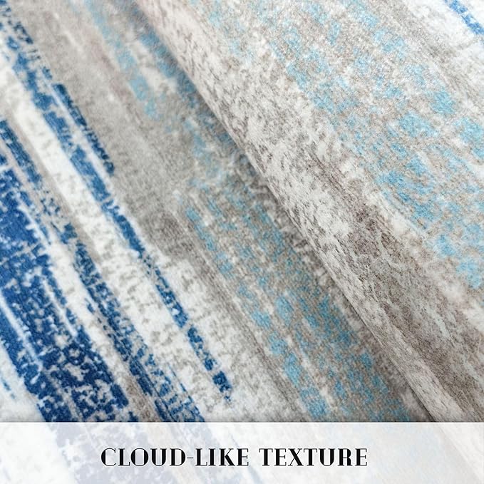 Modern Abstract 5x7 Machine Washable Area Rug Non-Slip Soft Bedroom Living Romm Rug Blue Ultra Thin Print Faux Wool Floor Carpet Throw Rugs for Nursery Playroom Dining Room Indoor Office