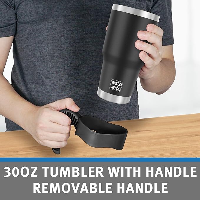 WETOWETO 30oz Insulated Tumbler With 2 Lids and 2 Straws, Stainless Steel Double Vacuum Coffee Tumbler Cup with Handle, Powder Coated Travel Mug for Home, Office, Travel, Party (Black, 1 Pack)