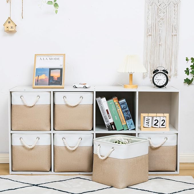 11 x 11 Inch Storage Cubes, 6 Pack Large Collapsible Fabric Storage Bin with Ropes, Foldable Storage Cubes for Home, Office,Closet, Clothes, Toys Organizer (White&Beige)