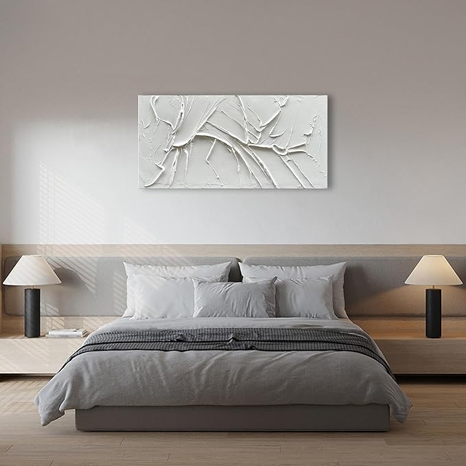 NANKAI Hand-Painted Thick Texture White Minimalist Oil Painting 24x48 Inches Contemporary Abstract Art Oil Painting, Home, Office Wall Decoration Art