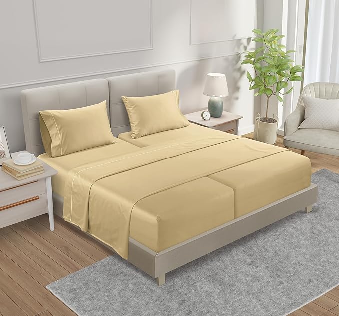 100% Cotton 800 Thread Count Breathable Split King Bed Sheets, Soft & Comfy Naturally Cool Fully Elasticated Fitted Sheet & Pillowcase Sets, Machine Washable No Pill Fade Resistant – Semolina