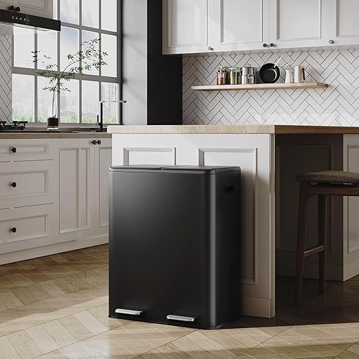WLIVE Dual Trash Can, 2 x 8 Gallon (2 x 30 L), Step Trash Can with Lid with Inner Buckets, 2 Compartment, Heavy-Duty Stainless Steel Gabage Can for Kitchen with 15 Trash Bags, Black