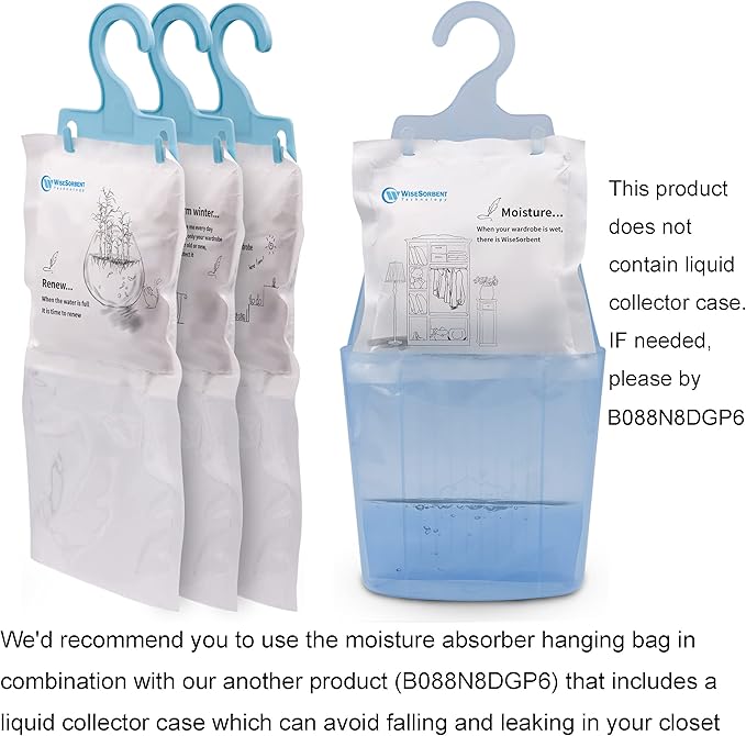 12 Pack (7 oz. ea.) Moisture Absorber Refill Hanging Bags, Moisture Absorber Packets with Reusable 6pcs Hooks, Humidity Packs, Hanging Closet Dehumidifier Bags