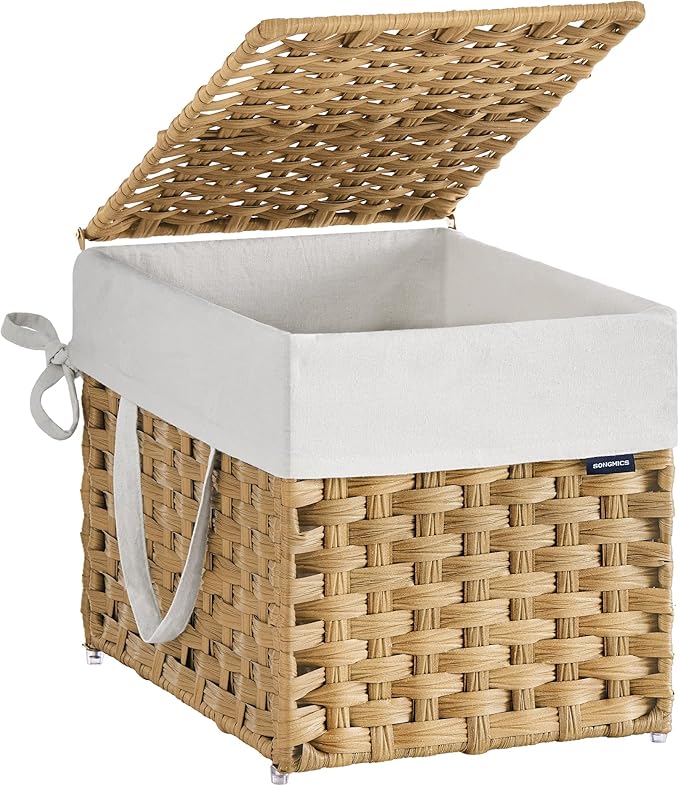 SONGMICS Laundry Hamper with Lid, 9.5 Gallon (36 L) Synthetic Rattan Clothes Laundry Basket with Lid and Handles, Foldable, Removable Liner, Goose Yellow ULCB136Y01