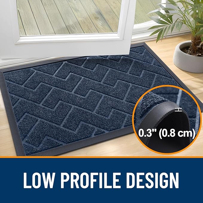 OLANLY Front Door Mat Indoor Outdoor Entrance, Waterproof All-Season, All-Weather Doormat, Sturdy Natural Rubber, Low Profile, Easy Clean Patio Porch Entryway Mat, Herringbone Brick (Blue, 59x35)